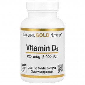 California Gold Nutrition, витамин D3, 125 мкг (5000 МЕ), 360 капсул из рыбьего желатина - описание