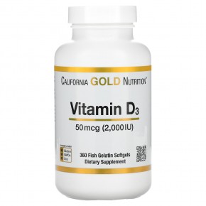 California Gold Nutrition, витамин D3, 50 мкг (2000 МЕ), 360 рыбно-желатиновых капсул - описание