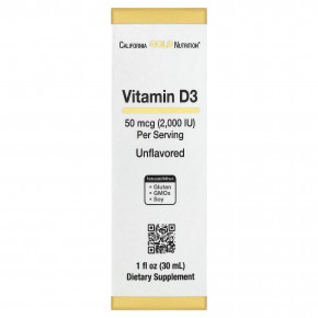California Gold Nutrition, витамин D3, с нейтральным вкусом, 50 мкг (2000 МЕ), 30 мл (1 жидк. унция) - описание | фото