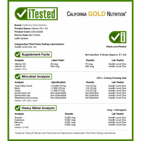 California Gold Nutrition, витамины D3 и K2 в форме MK-4, 25 мкг (1000 МЕ), 30 мл (1 жидк. унция) в Москве - eco-herb.ru | фото