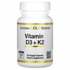 California Gold Nutrition, витамины D3 и К2, 60 растительных капсул - описание