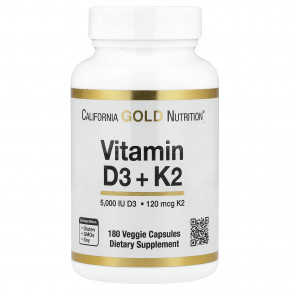 California Gold Nutrition, витамины D3 и К2 в форме MK-7, 180 растительных капсул - описание | фото