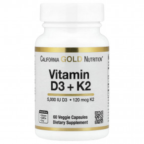 California Gold Nutrition, витамины D3 и K2 в форме MK-7, 60 растительных капсул - описание | фото