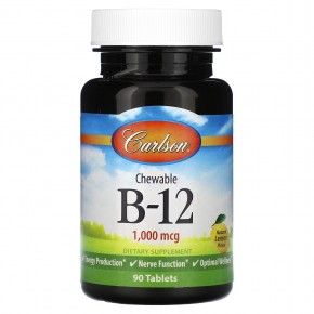 Carlson, Жевательные витамины B12, лимон, 1000 мкг, 90 таблеток в Москве - eco-herb.ru | фото