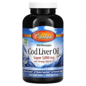 Carlson, Cod Liver Oil Gems, капсулы из жира печени дикой норвежской трески, высшего качества, 1000 мг, 250 капсул - описание | фото