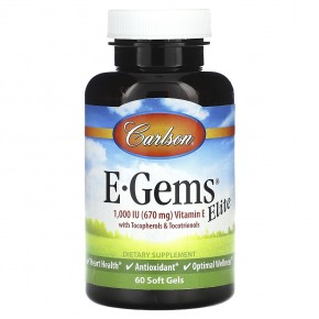 Carlson, E-Gems Elite, витамин E с токоферолами и токотриенолами, 670 мг (1000 МЕ), 60 мягких таблеток в Москве - eco-herb.ru | фото