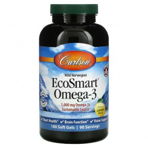 Carlson, EcoSmart, омега-3, с натуральным лимонным вкусом, 1000 мг, 180 капсул (500 мг в 1 капсуле) - описание