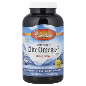 Carlson, Elite Omega-3 Gems®, отборные омега-3 кислоты из норвежской рыбы дикого улова, натуральный лимонный вкус, 180 капсул - описание | фото