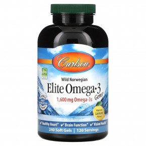 Carlson, Elite Omega-3 Gems, отборные омега-3 кислоты, натуральный лимонный вкус, 1600 мг, 240 капсул (800 мг в 1 капсуле) - описание | фото