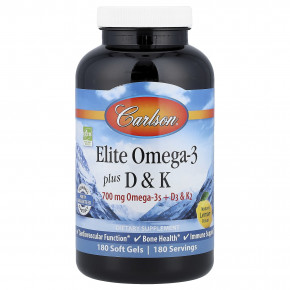 Carlson, Elite Omega-3 Plus D & K, натуральный лимонный вкус, 180 мягких таблеток - описание | фото