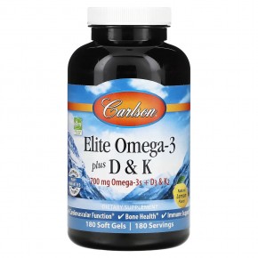 Carlson, Elite Omega-3 с витаминами D и K, натуральный вкус лимона, 180 мягких таблеток - описание