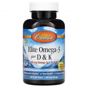 Carlson, Elite Omega-3 с витаминами D и K, натуральный вкус лимона, 60 мягких таблеток - описание