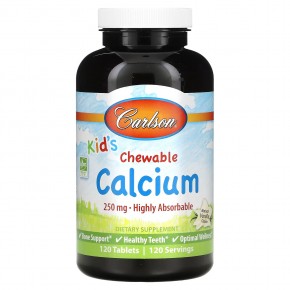 Carlson, Жевательные таблетки с кальцием для детей, с натуральным ванильным вкусом, 250 мг, 120 таблеток - описание