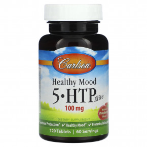 Carlson, Healthy Mood, 5-HTP Elite, натуральная малина, 100 мг, 120 таблеток (50 мг в 1 таблетке) - описание | фото