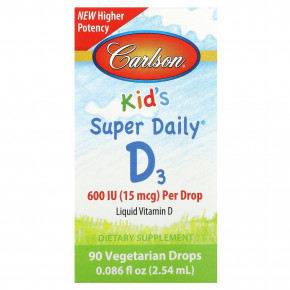 Carlson, Kid's Super Daily D3, 15 мкг (600 МЕ), 90 вегетарианских капель, 2,54 мл (0,086 жидк. унц.) - описание | фото