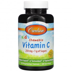 Carlson, Kid's, жевательный витамин C, натуральный мандарин, 250 мг, 60 вегетарианских таблеток - описание
