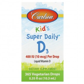 Carlson, Kids Super Daily D3, 10 мкг (400 МЕ), 365 вегетарианских капель, 10,3 мл (0,35 жидк. Унции) в Москве - eco-herb.ru | фото