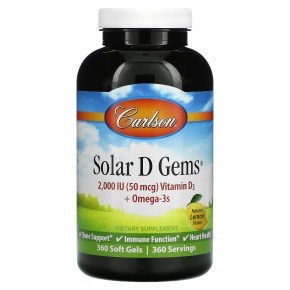 Carlson, Solar D Gems, витамин D3 + омега-3 кислоты, натуральный лимонный вкус, 2000 МЕ, 360 мягких таблеток - описание