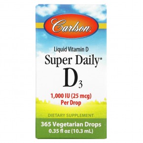 Carlson, Super Daily D3, витамин D3, 25 мкг (1000 МЕ), 10,3 мл (0,35 жидк. унции) - описание