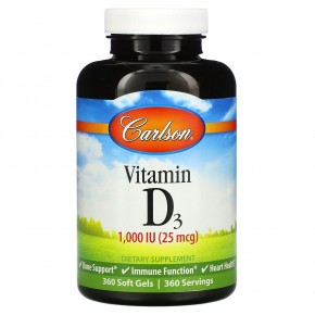 Carlson, Витамин D3, 25 мкг (1000 МЕ), 360 мягких таблеток - описание