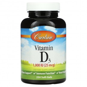 Carlson, Витамин D3, 1000 МЕ (25 мкг), 250 мягких таблеток - описание