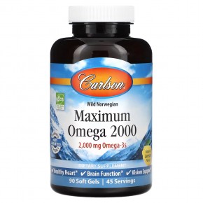 Carlson, Maximum Omega 2000, омега-3 кислоты из норвежской рыбы дикого улова, с натуральным лимонным вкусом, 2000 мг, 90 капсул (1000 мг в 1 капсуле) в Москве - eco-herb.ru | фото