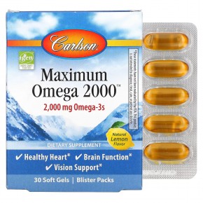 Carlson, Maximum Omega 2000, омега с натуральным лимонным вкусом, 2000 мг, 30 капсул (1000 мг в 1 капсуле) в Москве - eco-herb.ru | фото