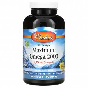 Carlson, Maximum Omega 2000, омега-3 кислоты из норвежской рыбы дикого улова, с натуральным лимонным вкусом, 2000 мг, 180 капсул (1000 мг в 1 капсуле) - описание