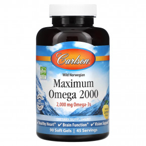 Carlson, Maximum Omega 2000, омега-3 кислоты из норвежской рыбы дикого улова, с натуральным лимонным вкусом, 2000 мг, 90 капсул (1000 мг в 1 капсуле) в Москве - eco-herb.ru | фото