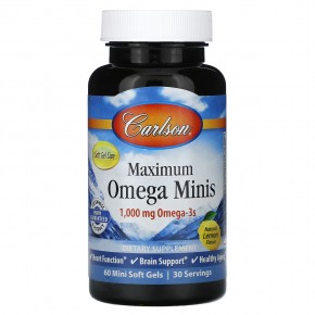 Carlson, Maximum Omega мини, натуральный лимон, 1000 мг, 60 мини-капсул (500 мг в 1 капсуле) - описание