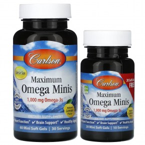 Carlson, Maximum Omega мини, натуральный лимон, 1000 мг, 80 мини-капсул (500 мг в 1 капсуле) - описание