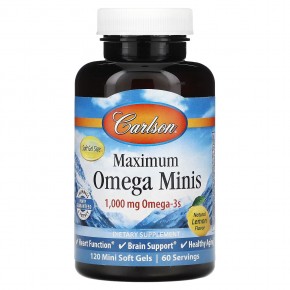 Carlson, Maximum Omega Minis, омега-3, натуральный лимонный вкус, 1000 мг, 120 миникапсул (500 мг в 1 капсуле) - описание