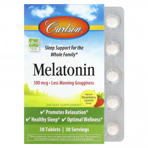 Carlson, Melatonin, Natural Strawberry Lemon, 300 mcg, 30 Tablets - описание | фото
