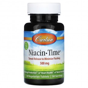 Carlson, Ниацин-тайм, 500 мг, 50 вегетарианских таблеток - описание