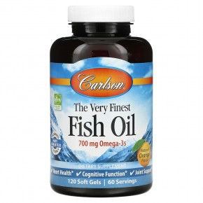 Carlson, The Very Finest, рыбий жир, с натуральным апельсиновым вкусом, 700 мг, 120 капсул (350 мг в 1 капсуле) - описание