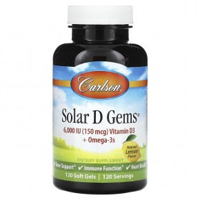 Carlson, Solar D Gems®, витамин D3 и омега-3, натуральный лимон, 120 мягких таблеток - описание