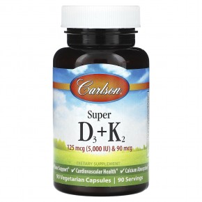 Carlson, Super D3 + K2`` 90 вегетарианских капсул - описание