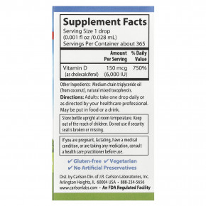 Carlson, Super Daily® D3, 150 мкг (6000 МЕ), 10,3 мл (0,35 жидк. Унции) в Москве - eco-herb.ru | фото