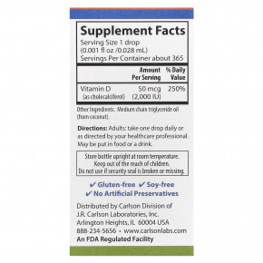 Carlson, Super Daily® D3, 50 мкг (2000 МЕ), 10,3 мл (0,35 жидк. унции) в Москве - eco-herb.ru | фото
