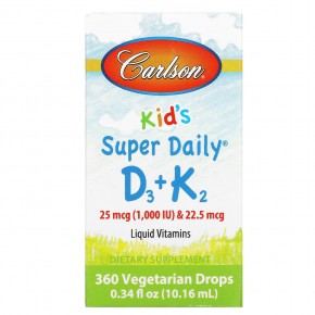 Carlson, Super Daily D3+K2 для детей, 25 мкг (1000 МЕ) и 22,5 мкг, 10,16 мл (0,34 жидк. унции) в Москве - eco-herb.ru | фото