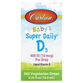 Carlson, Super Daily, витамин D3 для детей, 10 мкг (400 МЕ), 10,3 мл (0,35 жидк. унций) - описание