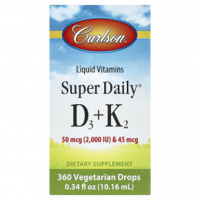 Carlson, Super Daily® D3 + K2, 50 мкг (2000 МЕ) и 45 мкг, 10,16 мл (0,34 жидк. унции) - описание | фото