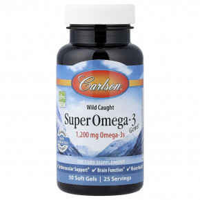Carlson, Super Omega-3 Gems®, высокоэффективные омега-3 кислоты из рыбы дикого улова, 50 капсул - описание | фото