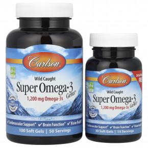 Carlson, Super Omega-3 Gems, высокоэффективные омега-3 кислоты из рыбы дикого улова, 1200 мг, 100 + 30 капсул (600 мг в 1 капсуле) в Москве - eco-herb.ru | фото