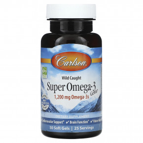 Carlson, Super Omega-3 Gems, высокоэффективные омега-3 кислоты из рыбы дикого улова, 1200 мг, 50 капсул (600 мг в 1 капсуле) в Москве - eco-herb.ru | фото