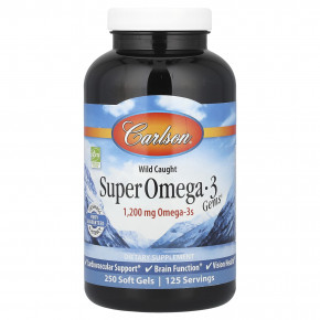 Carlson, Super Omega-3 Gems®, высокоэффективные омега-3 кислоты из рыбы дикого улова, 250 капсул - описание | фото