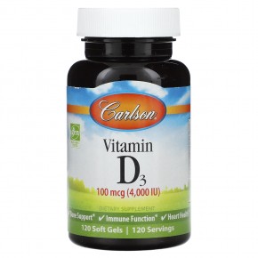 Carlson, Витамин D3, 100 мкг (4000 МЕ), 120 мягких таблеток - описание