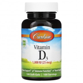 Carlson, Vitamin D3, 25 mcg (1,000 IU), 100 Soft Gels - описание