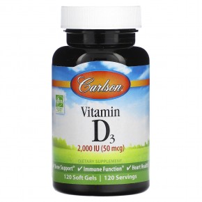Carlson, Витамин D3, 50 мкг (2000 МЕ), 120 мягких таблеток - описание