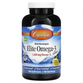 Carlson, Elite Omega-3 Gems, отборные омега-3 кислоты из норвежской рыбы дикого улова, натуральный лимонный вкус, 1600 мг, 180 капсул (800 мг в 1 капсуле) - описание